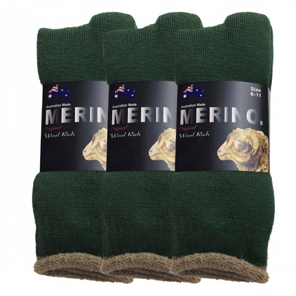 3 Pairs MERINO WOOL SOCKS Mens Heavy Duty Premium Thick Work Socks Cushion - Green - 6-11